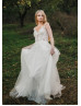 Cap Sleeves Beaded Ivory Lace Glitter Tulle Wedding Dress